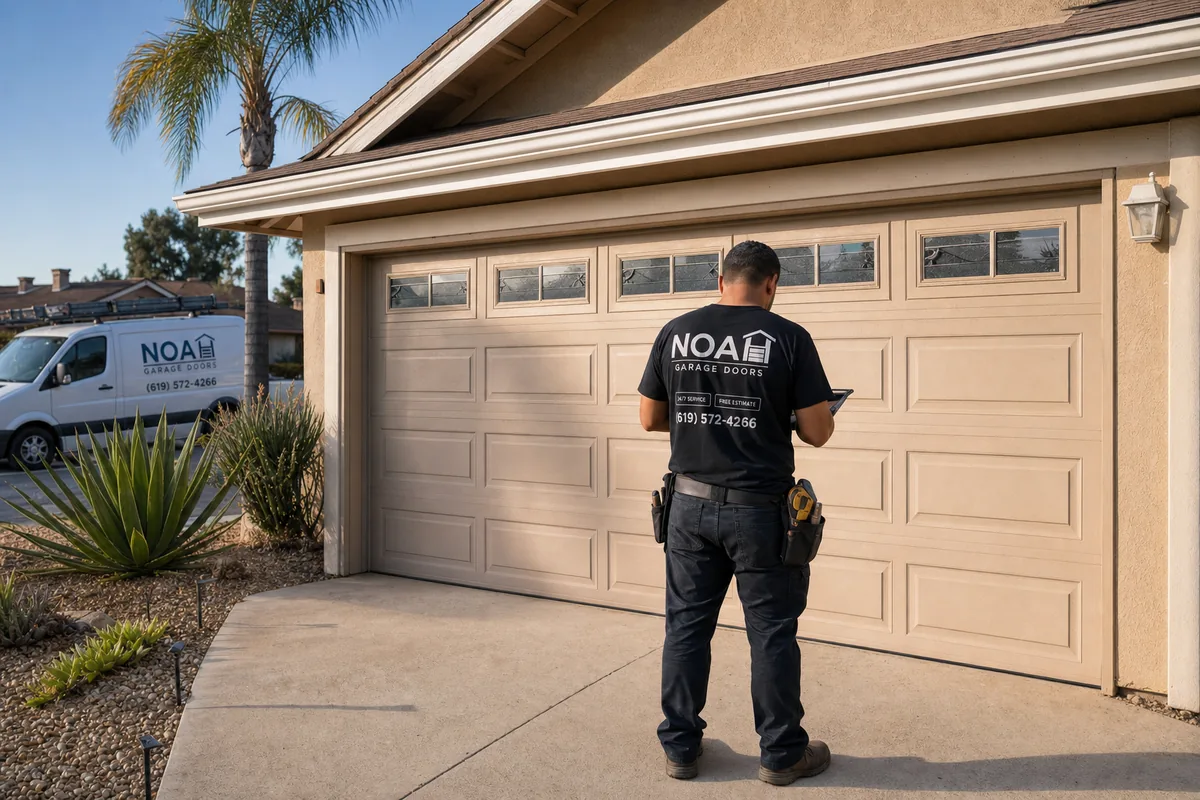Noah Garage Doors technician performing same-day garage door repair at a home in Santee, CA