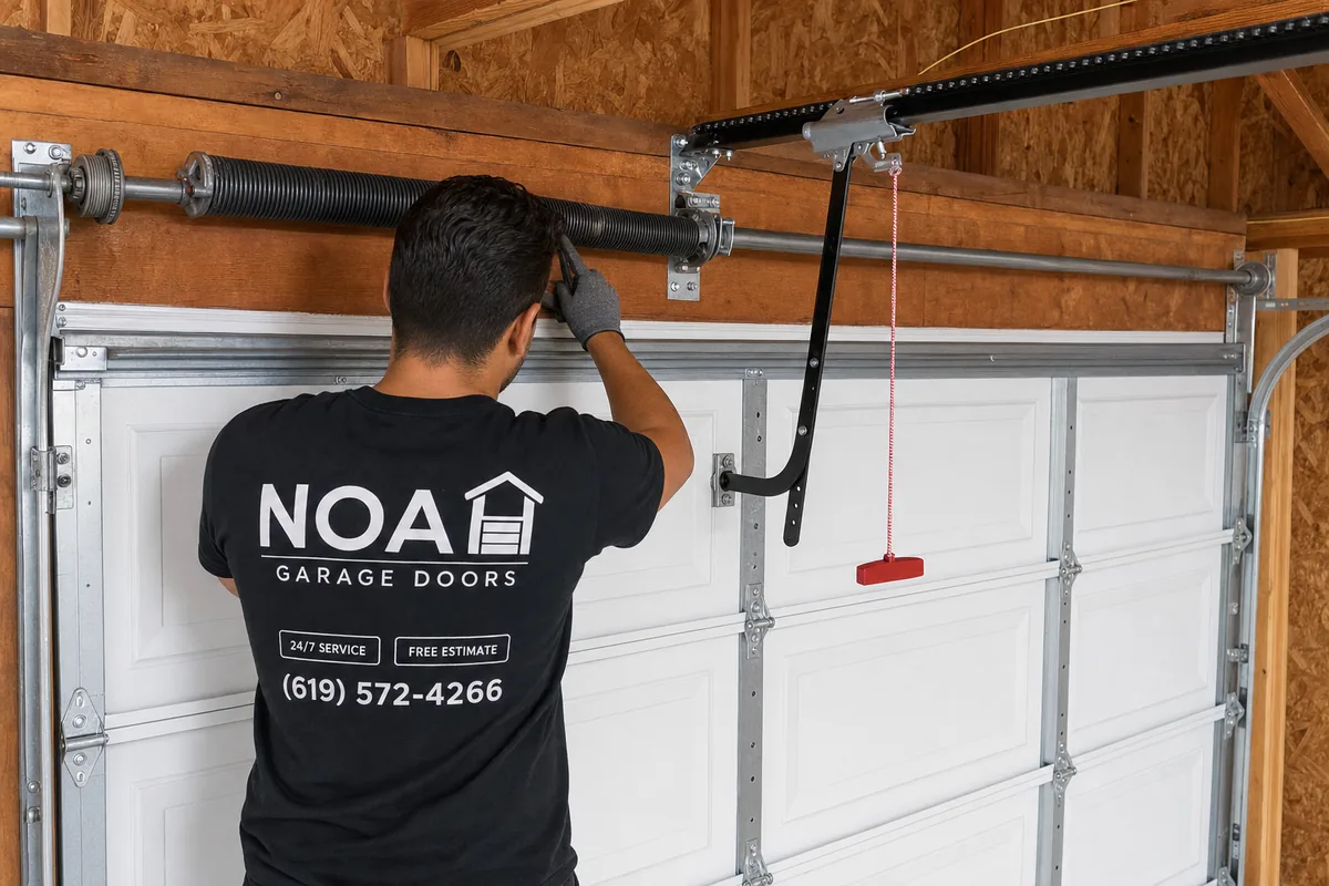 Garage door torsion springs above a residential garage door in San Diego